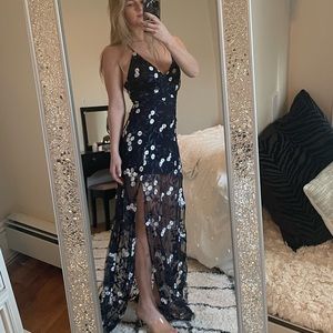 Long sheer navy blue floral dress from Windsor. Size small.